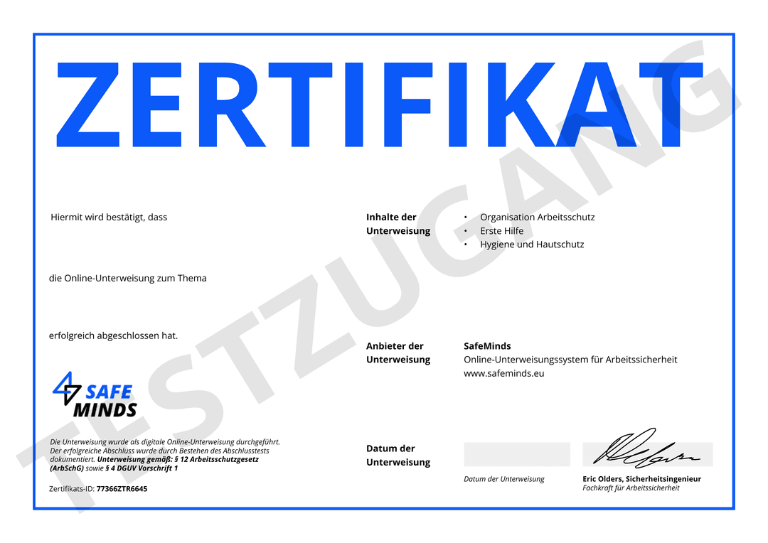 Musterzertifikat der Brandschutzhelfer-Ausbildung